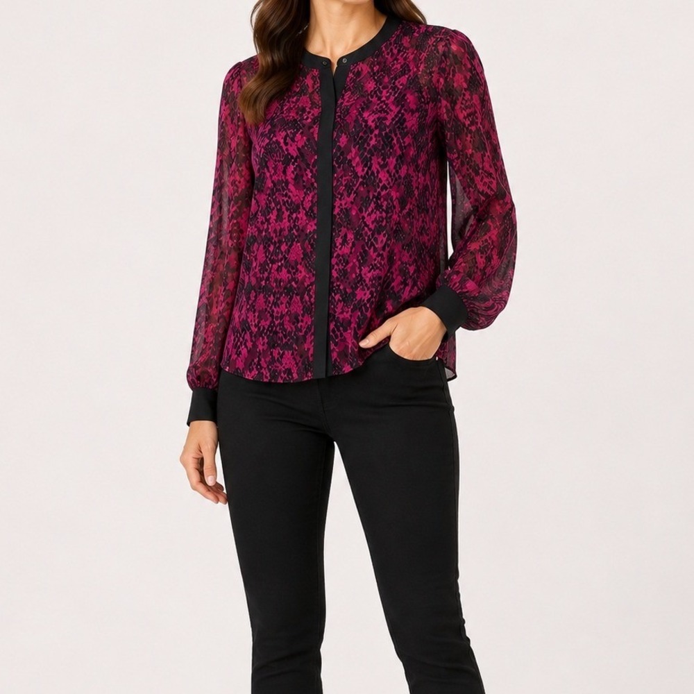 Trina Turk Snakeskin Print Blouse Women Size L Pink Black Career Casual Boho